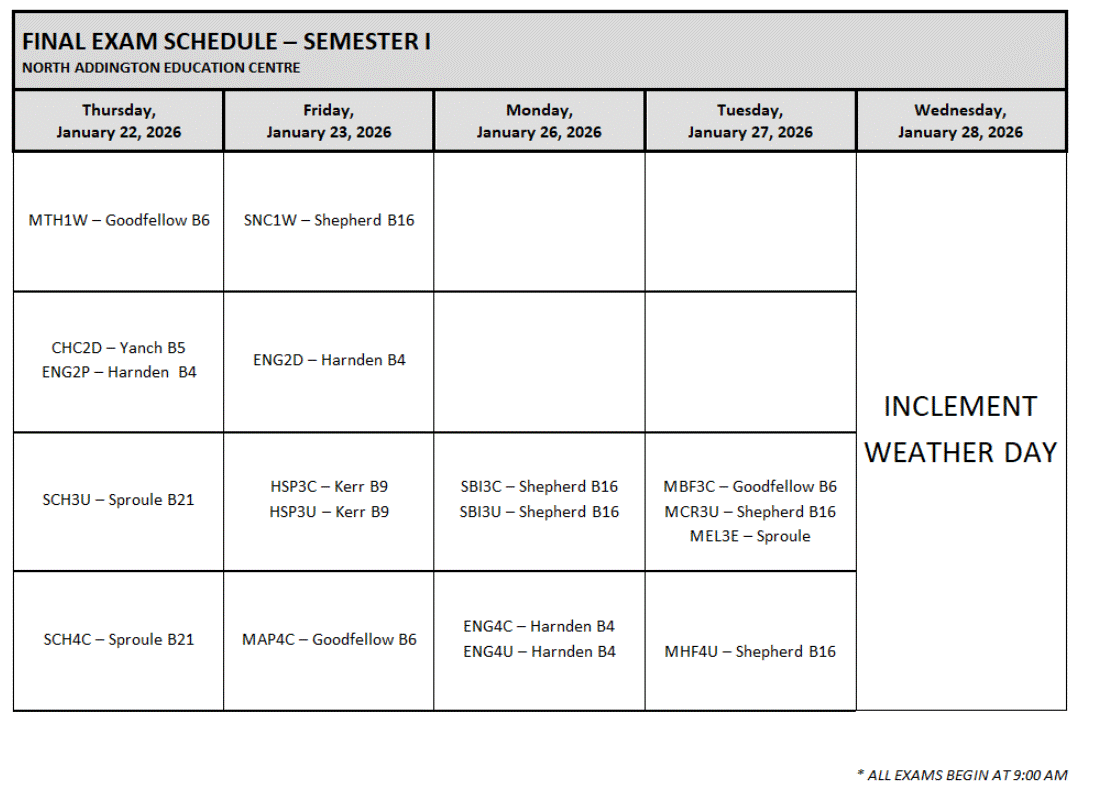 Exam schedule
